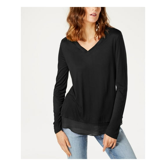 INC Womens Black Sheer-trim Long Sleeve V Neck Top XS