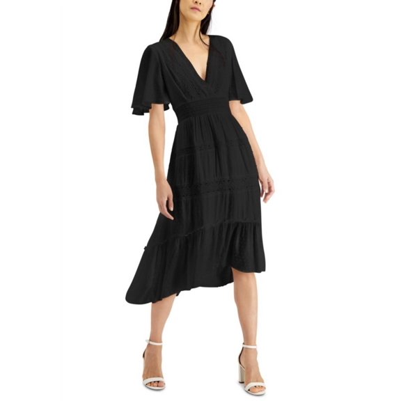 INC Womens Black Short Sleeve V Neck Midi Hi-Lo Evening Dress Size: L