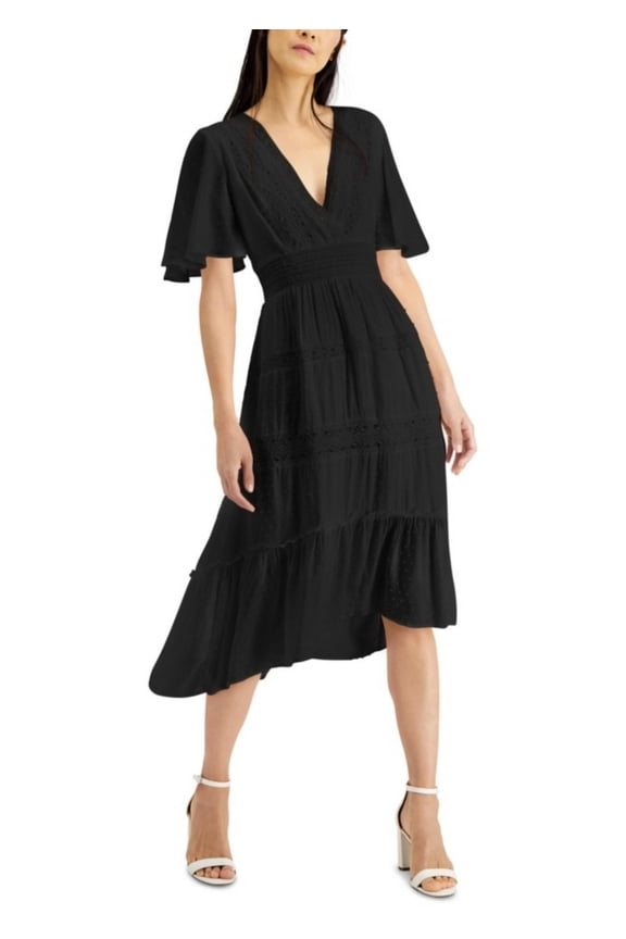 Womens Black Short Sleeve V Neck Midi Hi-Lo Evening Dress Size: L