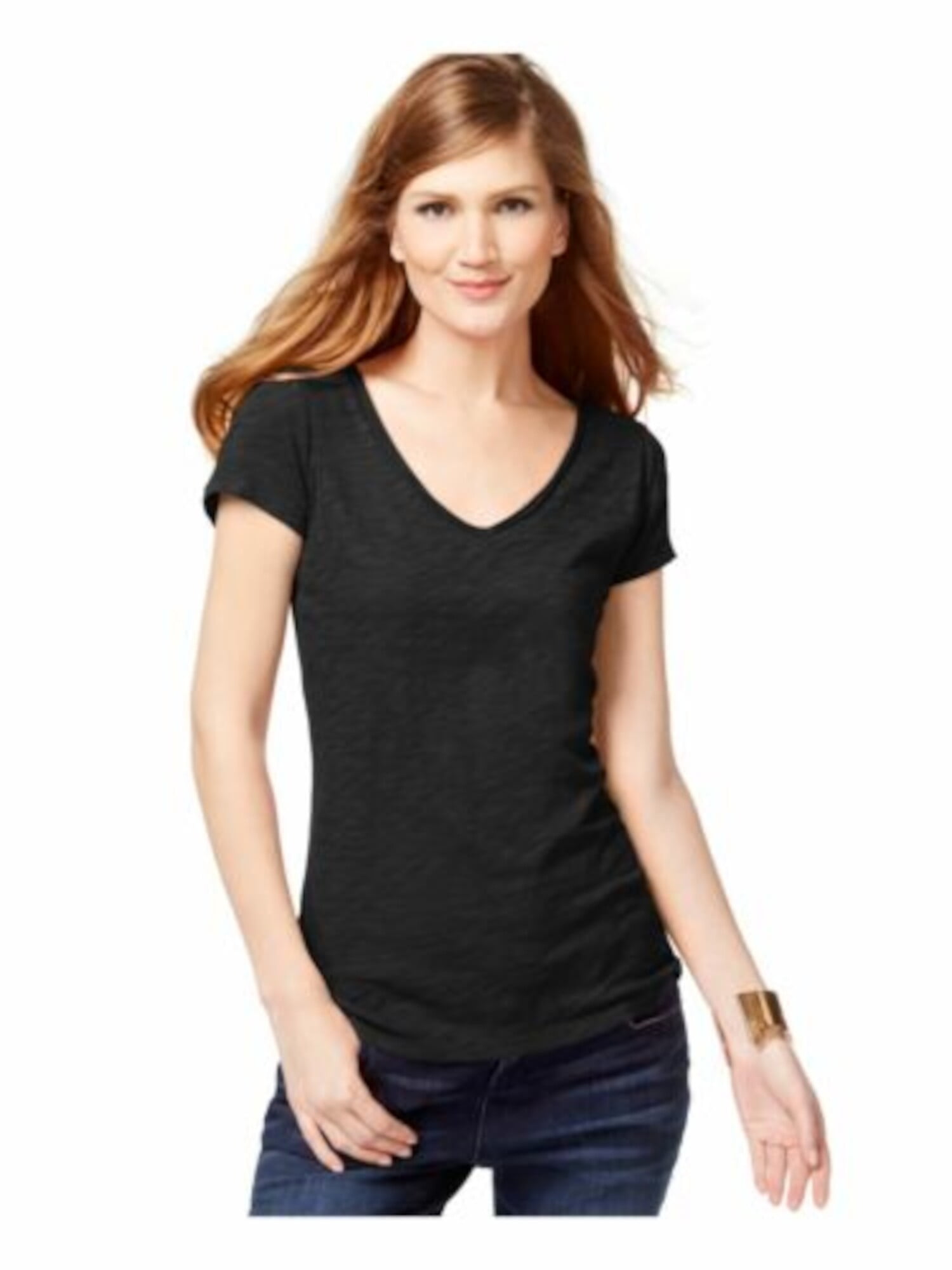 INC Womens Black Short Sleeve V Neck Top XS