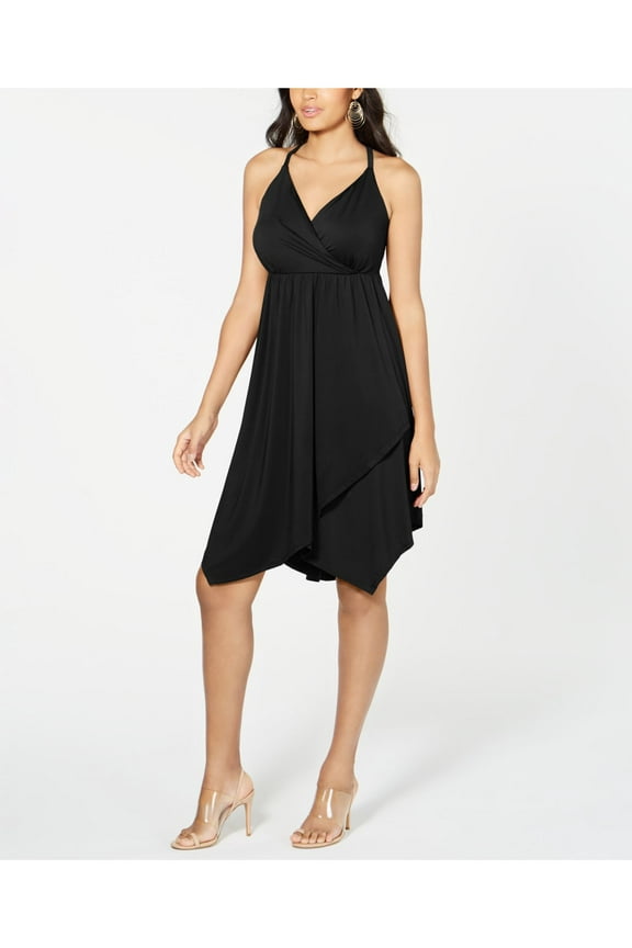 Womens Black Sleeveless V Neck Knee Length Empire Waist Dress L