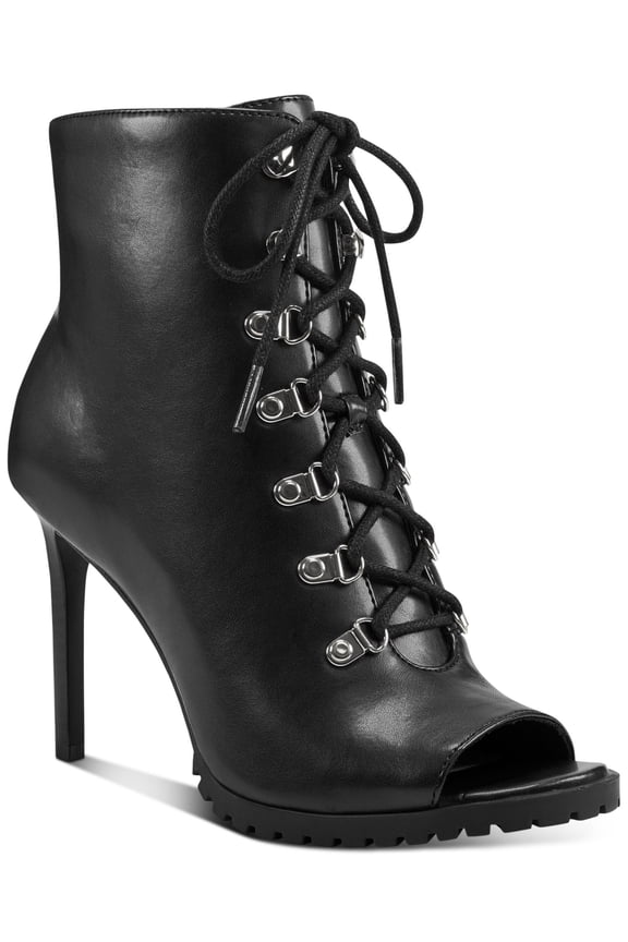 Womens Black Slip-Resistant Lace-Up Front Arch Support Cushioned Florita Open Toe Stiletto Zip-Up Booties 5 M