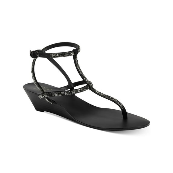 INC Womens Black Strappy Adjustable Strap Embellished Madge Almond Toe Wedge Buckle Thong Sandals 6 M