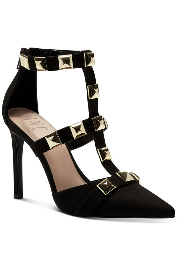 Womens Black Studded Strappy Syndia Pointed Toe Stiletto Zip-Up Dress Pumps Shoes 8.5 M