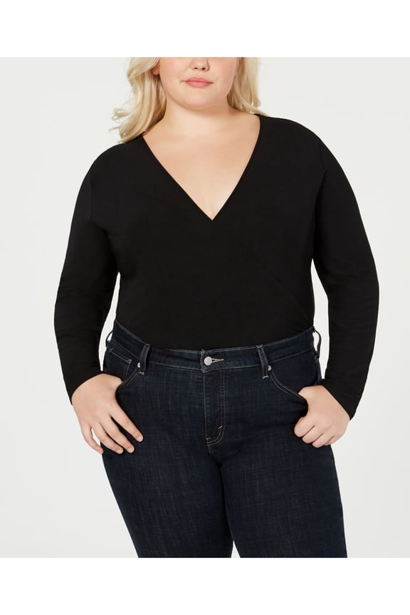 Womens Black Surplice Long Sleeve Bodysuit Plus Size: 0X