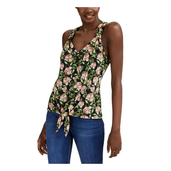 INC Womens Black Tie Front Floral Sleeveless Scoop Neck Top S