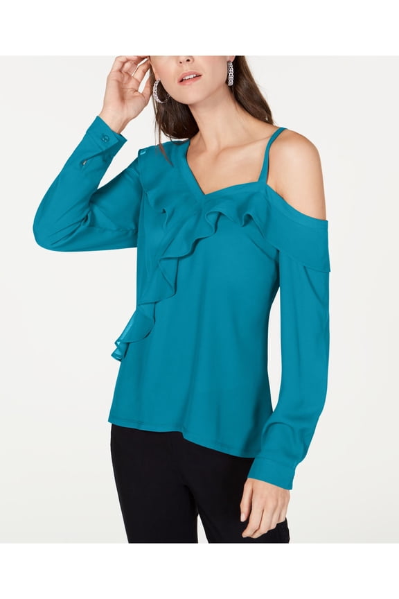Womens Blue Cold Shoulder Ruffled Long Sleeve V Neck Top Size: L