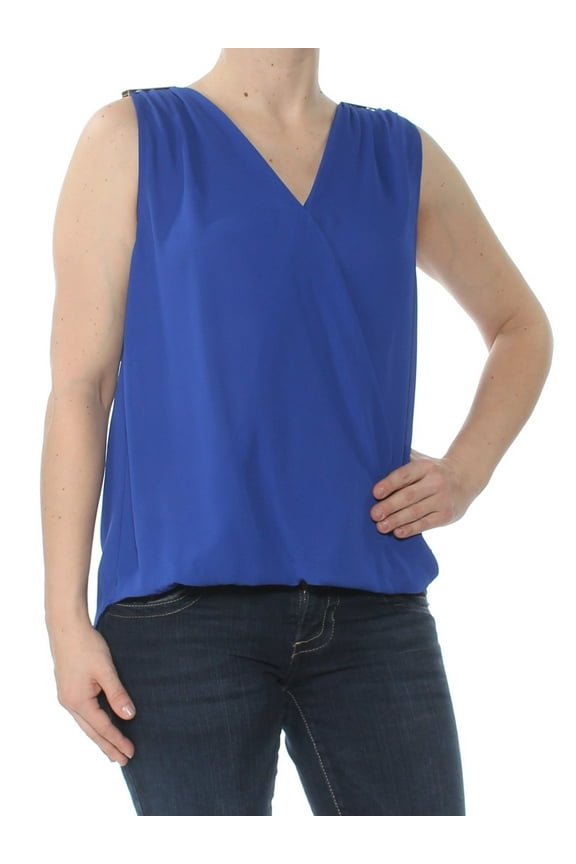 Womens Blue Faux Wrap Sleeveless V Neck Wear To Work Top S