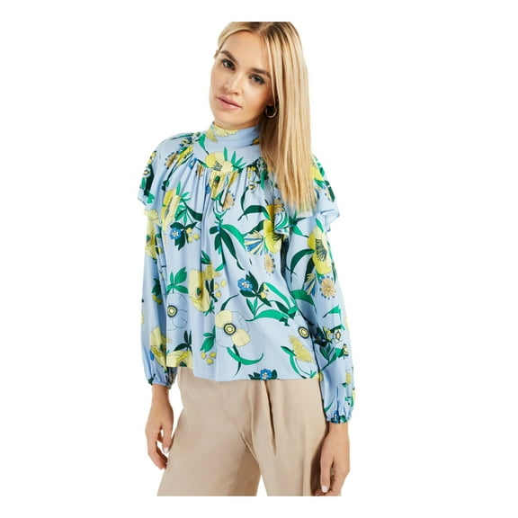 INC Womens Blue Floral Long Sleeve Tie Neck Blouse Size: M