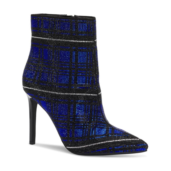 INC Womens Blue Plaid Slip Resistant Rhinestone Reisa Pointed Toe Stiletto Zip-Up Dress Booties 8 M