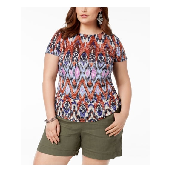 INC Womens Blue Printed Burnout Ruched Top 2X Plus