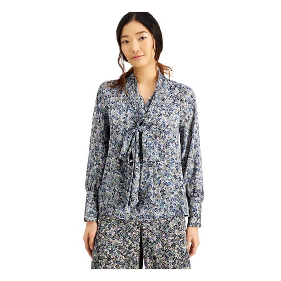INC Womens Blue Printed Long Sleeve Tie Neck Blouse Size: M
