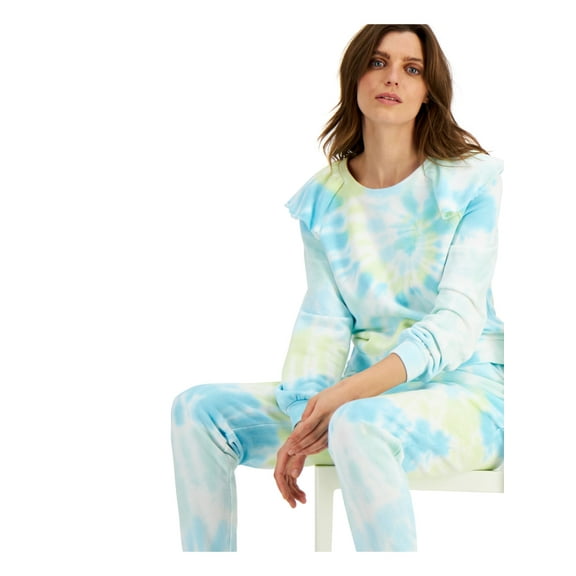 INC Womens Blue Ruffled Long Sleeve Crew Neck Top XS