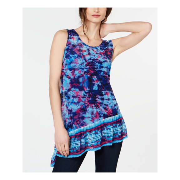 INC Womens Blue Tie Dye Sleeveless Jewel Neck Top Size: L