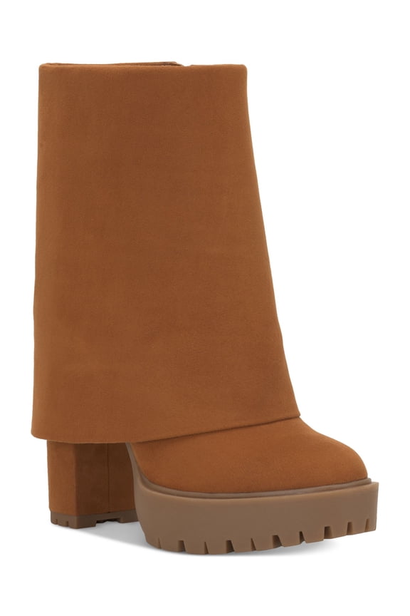 Womens Brown 1" Platform Cuffed Overlay Padded Acelina Round Toe Zip-Up Heeled Boots 9.5 M