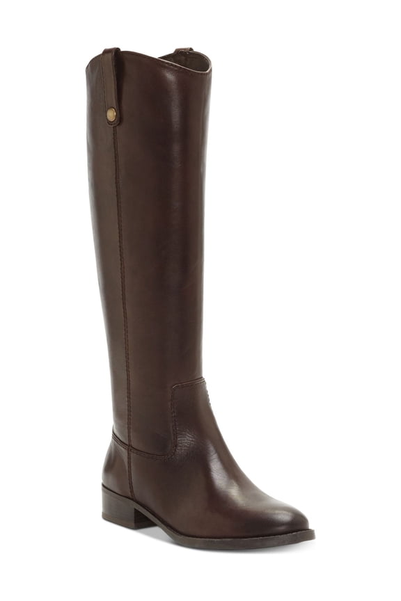 Womens Brown Elastic Goring Pull Tab At Sides Cushioned Studded Fawne Round Toe Block Heel Zip-Up Leather Riding Boot 10.5 M