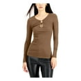 thumbnail image 1 of INC Womens Brown Long Sleeve Keyhole Top Petites PL, 1 of 1
