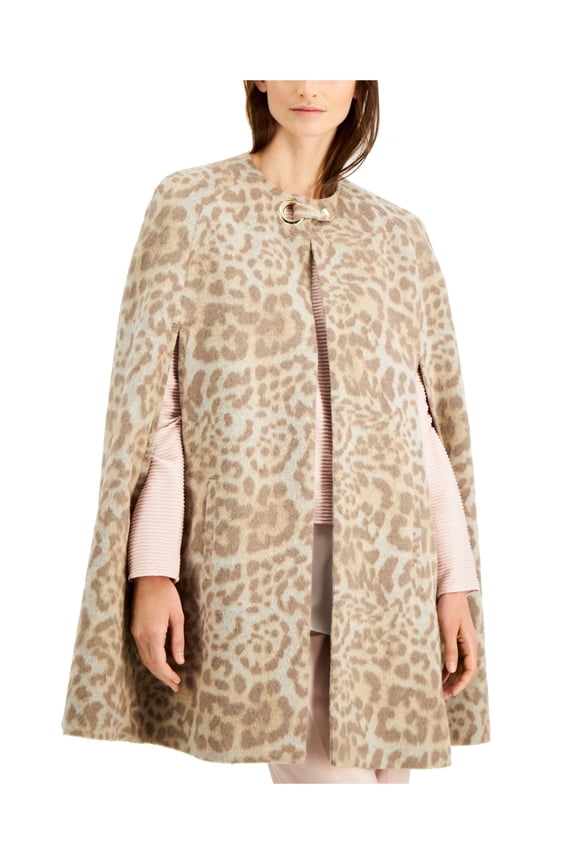 Womens Brown Pocketed Animal Print Evening Cape Style Jacket M