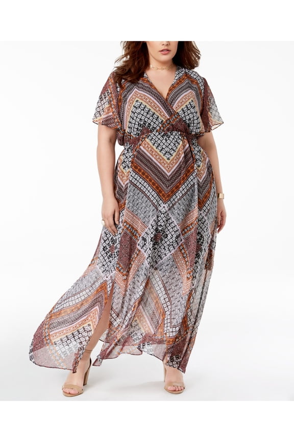 Womens Brown Printed Short Sleeve V Neck Maxi Dress Plus Size: 0X