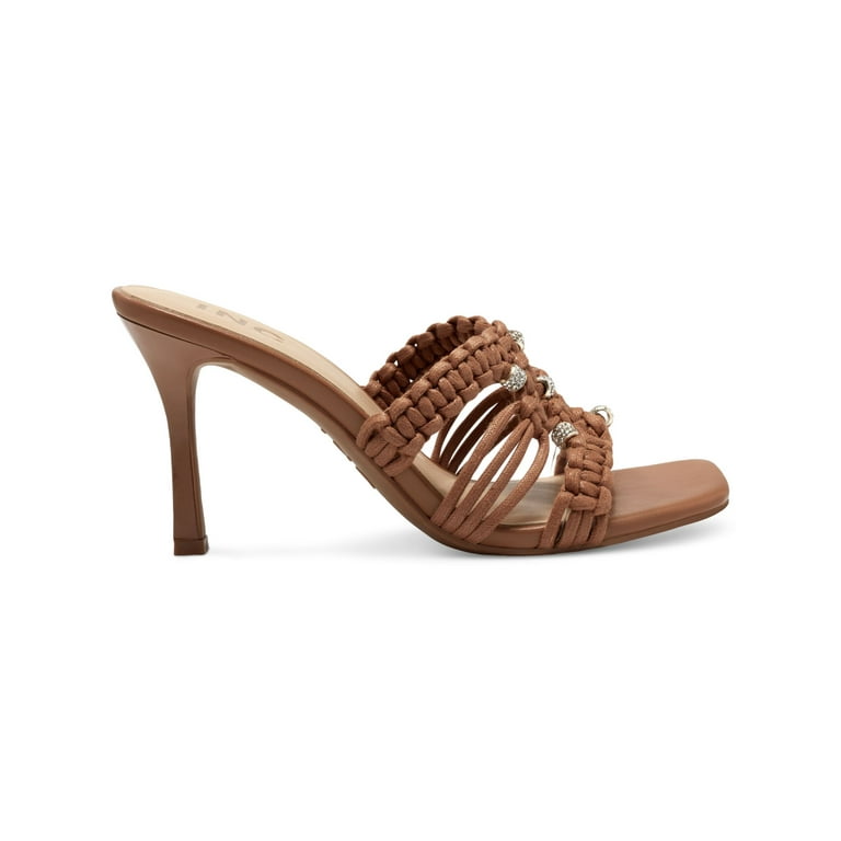 INC Womens Brown Woven Comfort Embellished Benda Square Toe Stiletto Slip  On Heeled Sandal 7.5 M