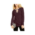 thumbnail image 1 of INC Womens Burgundy Embellished Long Sleeve Keyhole Sweater L, 1 of 3