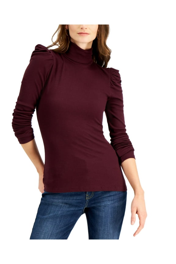 Womens Burgundy Ruffled Ribbed Long Sleeve Turtle Neck Top Size: L