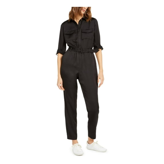 INC Womens Button Front Pockets Jumpsuit Black 12