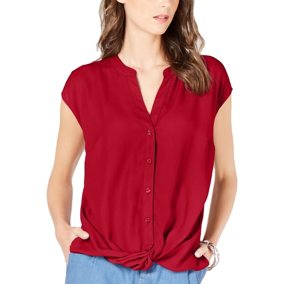 INC Womens Chiffon Cap Sleeves Button-Down Top Red XXL