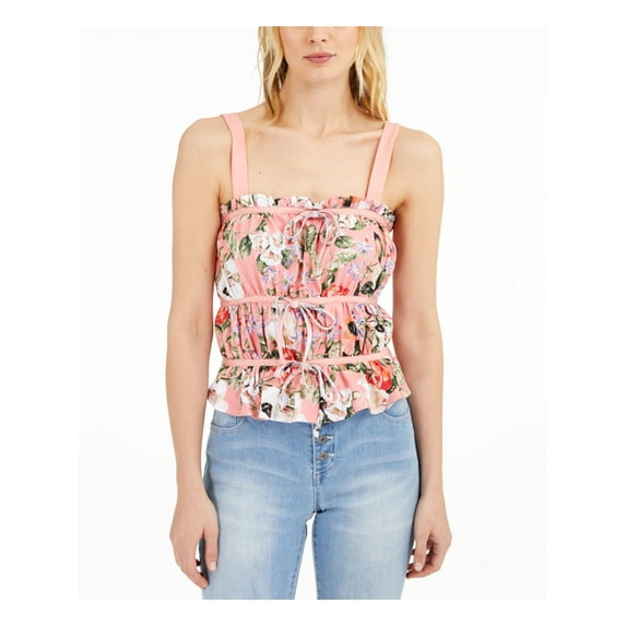 INC Womens Coral Ruched Floral Spaghetti Strap Tank Top Size: L
