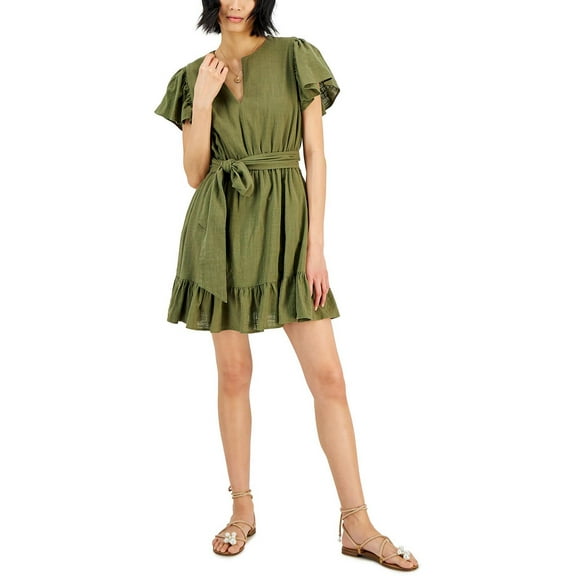 INC International Concepts Womens Cotton Flutter Sleeve Dress Burnt Olive M