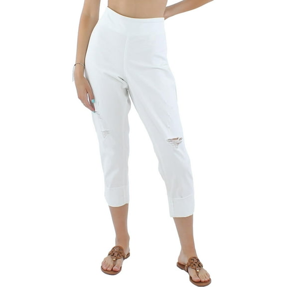 INC International Concepts Womens Mid Rise Ripped Straight Leg Pull On Jeans Bright White 12
