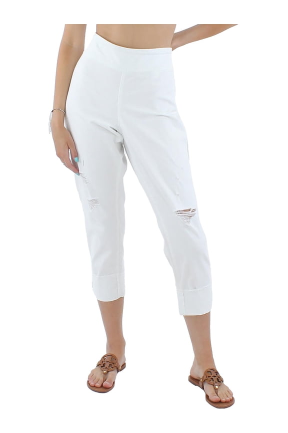 International Concepts Womens Mid Rise Ripped Straight Leg Pull On Jeans Bright White 12