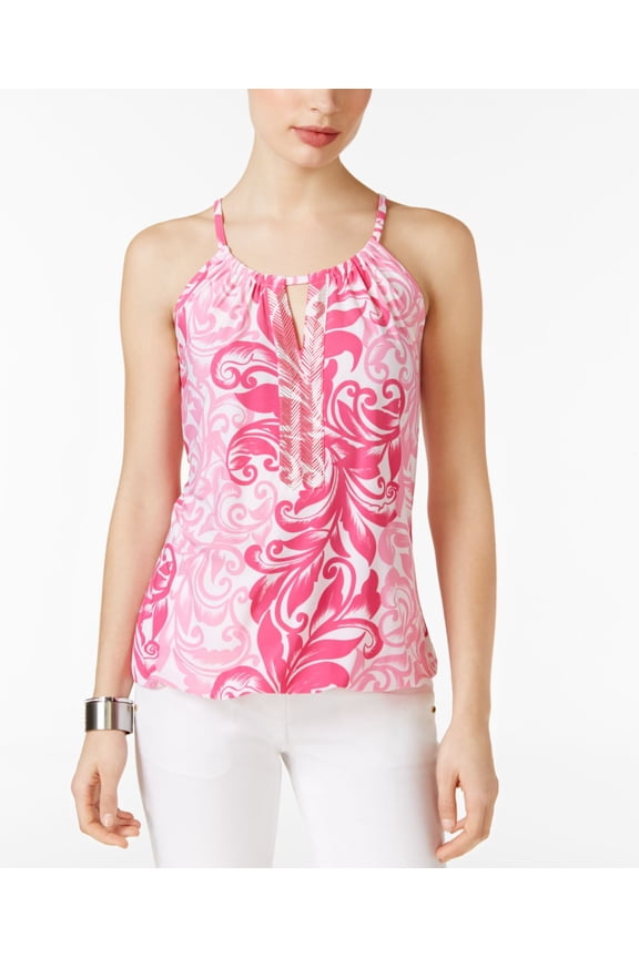 Womens Embellished Keyhole Halter-Neck Knit Top