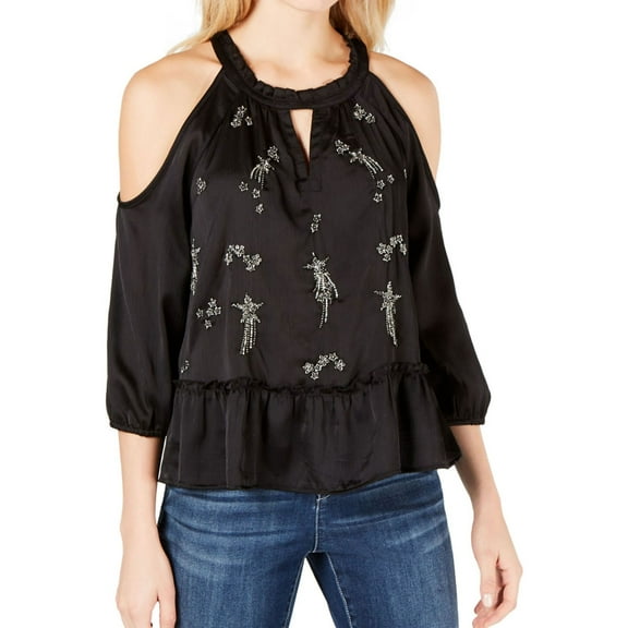 I.N.C Womens Embellished Peplum Blouse, Black, Large