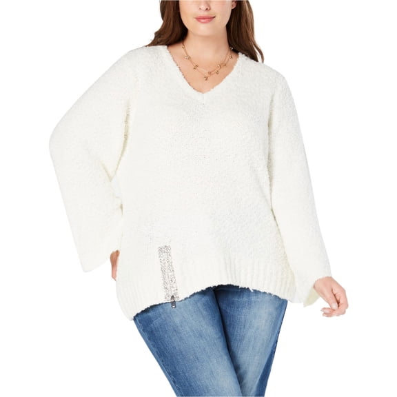 I.N.C Womens Rhinestone Zip Pullover Sweater, White, Plus Size, 2X