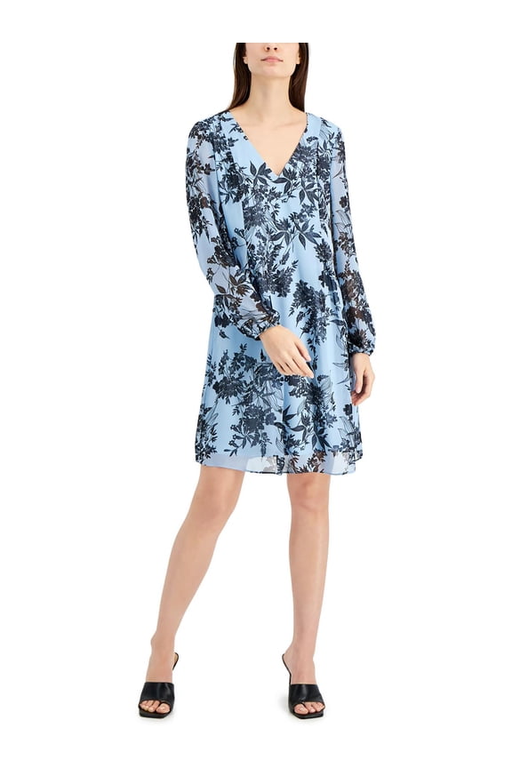 Womens Floral Chiffon V-Neck Shift Dress