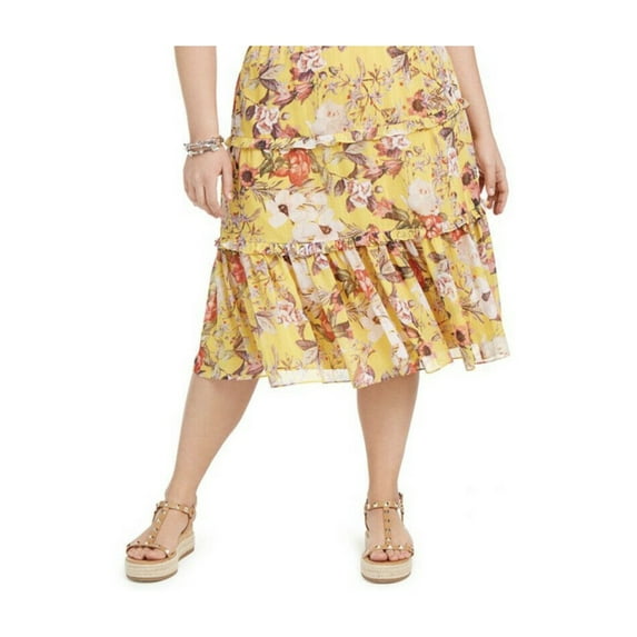 INC Womens Gold Ruffled Tiered Floral Midi Skirt Plus Size: 2X