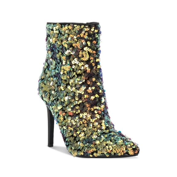 INC Womens Gold Sequined Slip Resistant Arch Support Cushioned Reisa Pointed Toe Stiletto Zip-Up Dress Booties 6.5 M