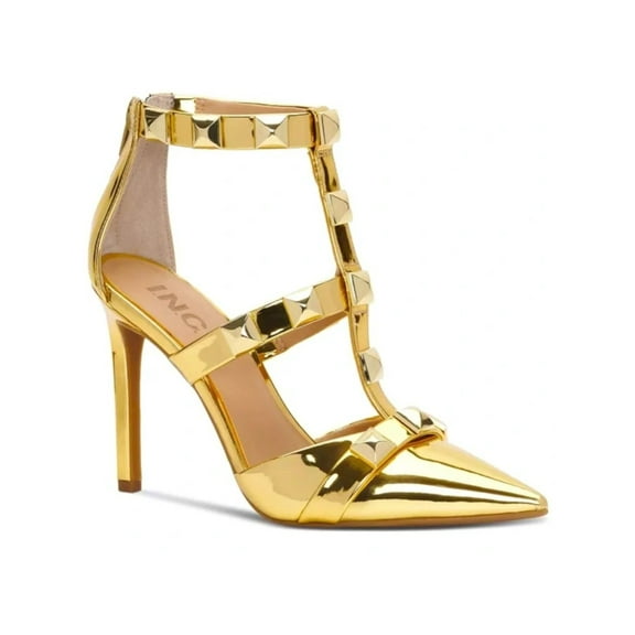 INC Womens Gold Strappy Studded Goring Syndia Pointed Toe Stiletto Zip-Up Dress Sandals Shoes 9.5 M