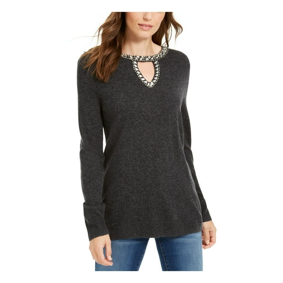 INC Womens Gray Embellished Heather Long Sleeve Keyhole Sweater XS