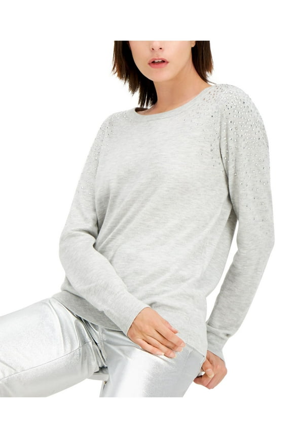 Womens Gray Embellished Rhinestone Long Sleeve Crew Neck Sweater L