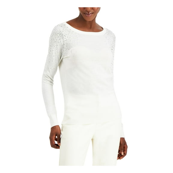 INC Womens Gray Embellished Rhinestone Long Sleeve Crew Neck Sweater S