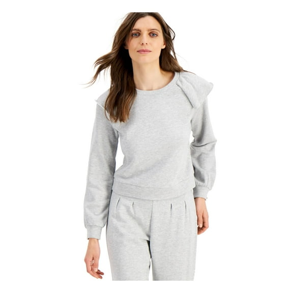 INC Womens Gray Ruffled Crewneck Long Sleeve Sweatshirt XS