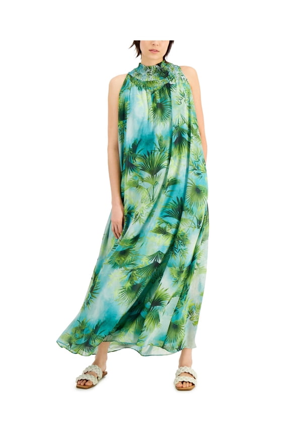 Womens Green Printed Sleeveless Tea-Length Shift Dress Size: M