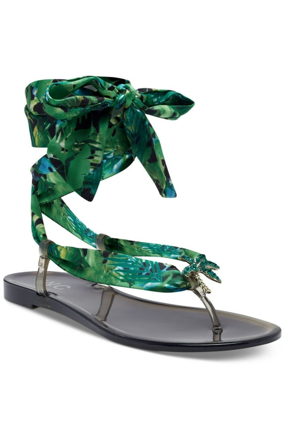 Womens Green Scarf Tie Brooch Slip Resistant Embellished Malana Round Toe Lace-Up Thong Sandals Shoes 5 M