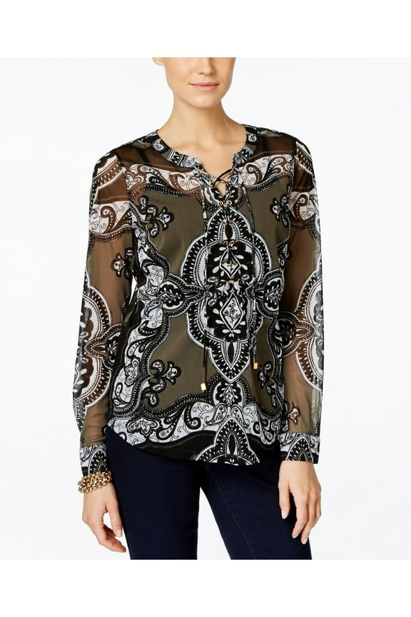 Womens Green Tie Sheer Paisley Long Sleeve Split Top S