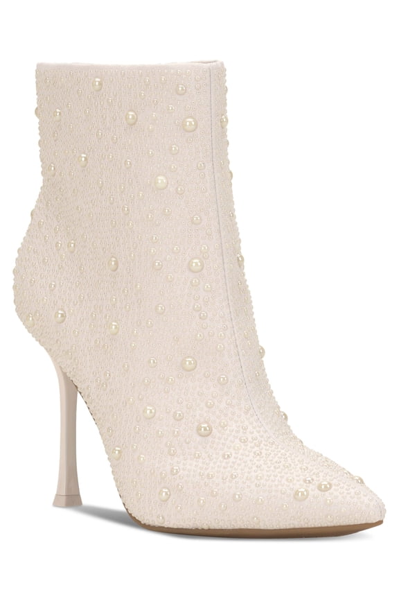 Womens Ivory Rhinestone Padded Rakima2 Pointed Toe Flare Zip-Up Dress Booties 6 M