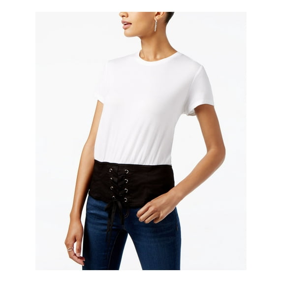 INC Womens Ivory Tie Color Block Short Sleeve Jewel Neck T-Shirt L