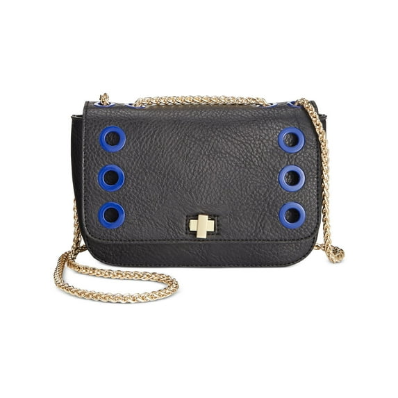 INC Womens Korrax Faux Leather Grommet Shoulder Handbag Black Small
