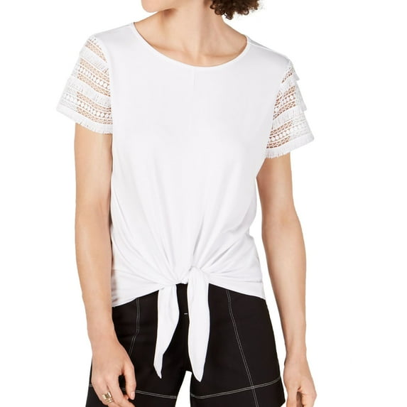 I.N.C Womens Lace Sleeve Embellished T-Shirt, White, X-Small